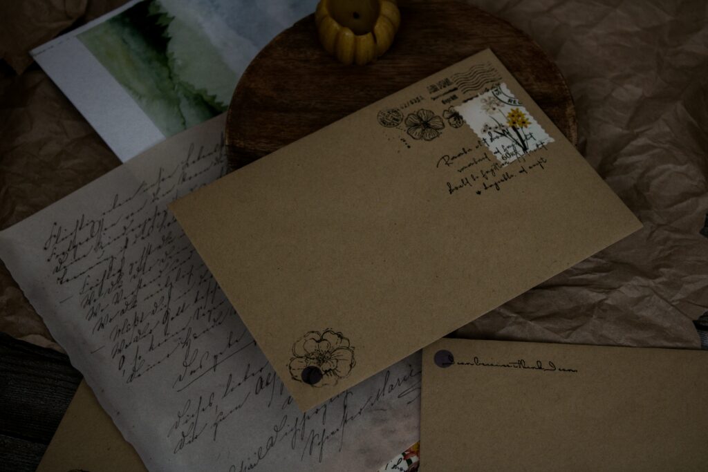 Handwritten letter and envelope on a wooden desk